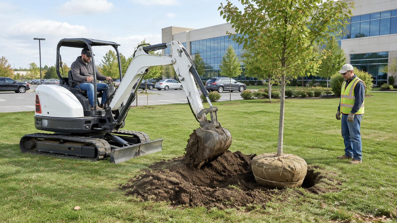 Mini excavator digging a tree planting hole on a business park lawn