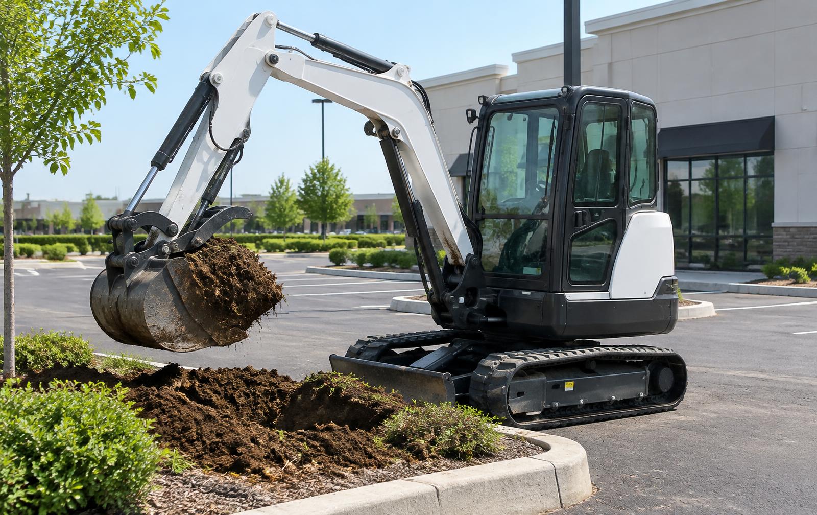 Compact mini excavator digging a planting island at a business parking lot