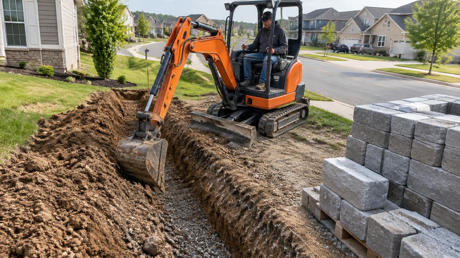 Mini excavator cutting a wall footing in a front yard (type photo)
