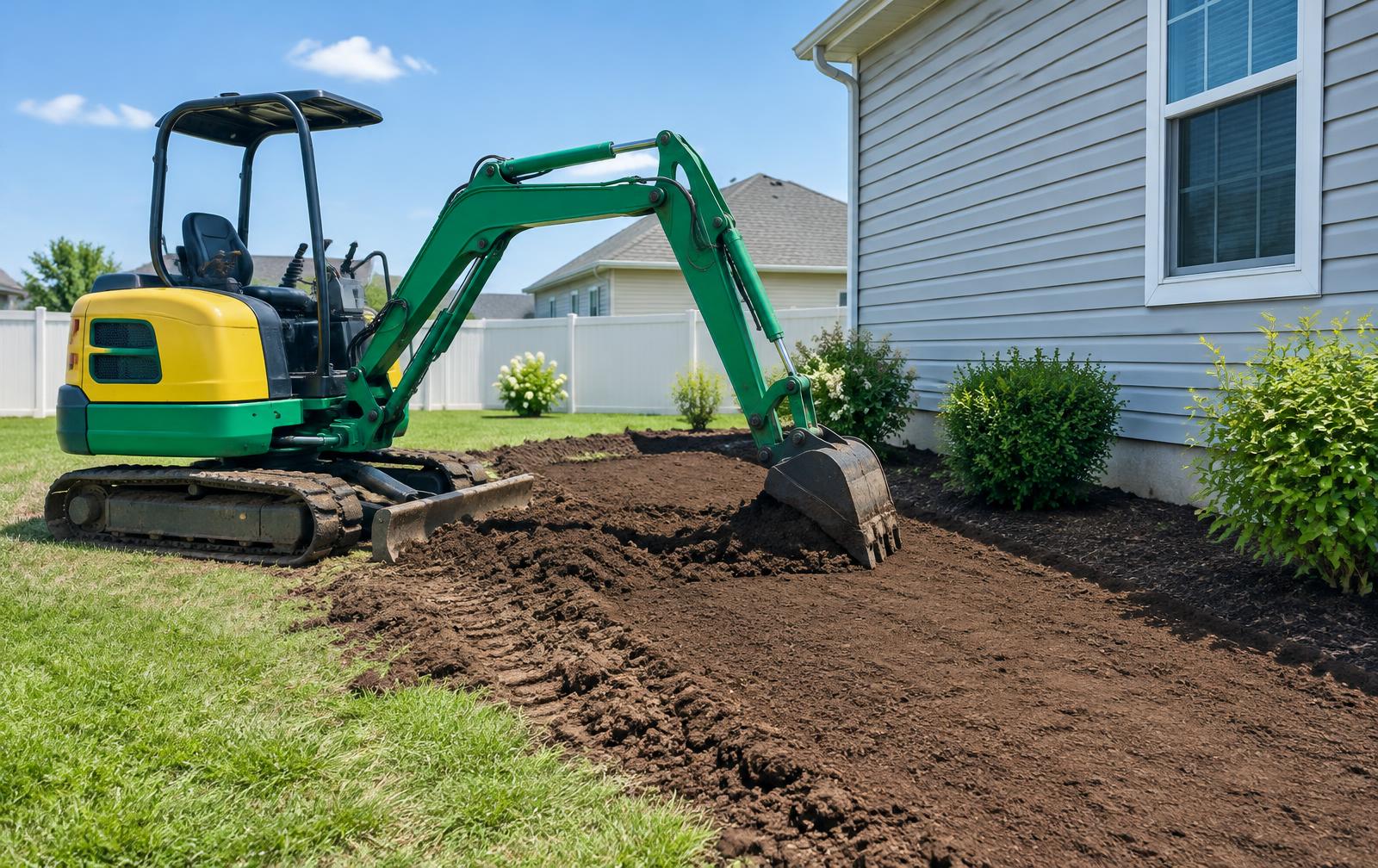 Green and yellow mini excavator leveling soil for a garden bed beside a house