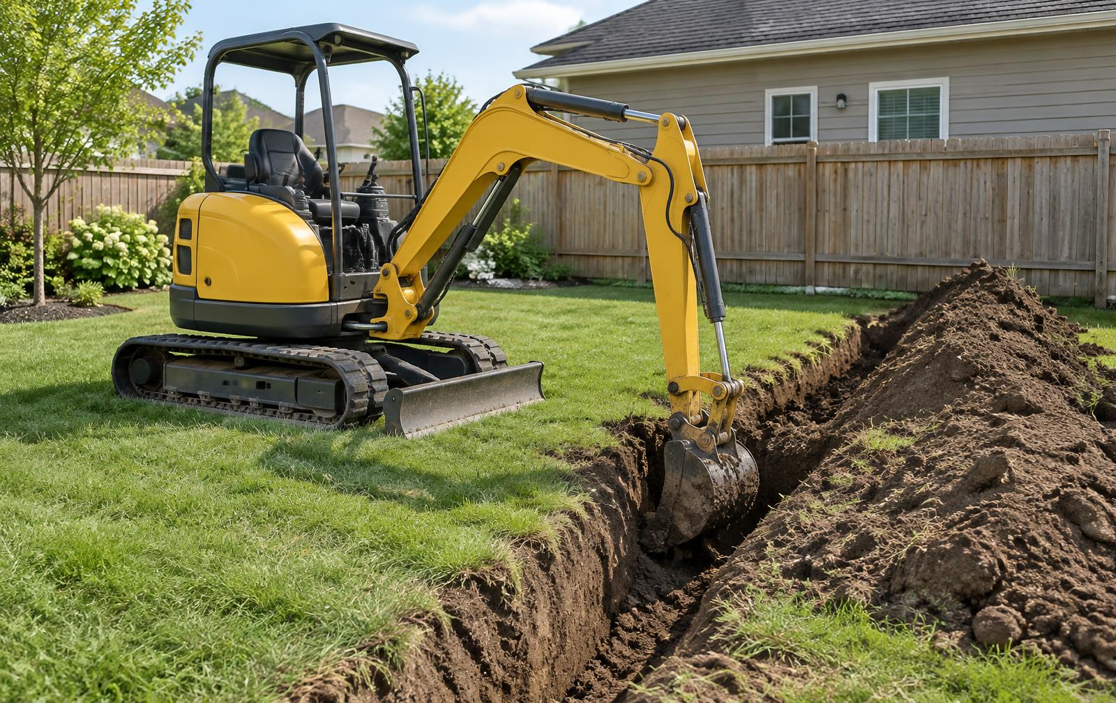 Mini excavator digging a drainage trench across a fenced backyard lawn
